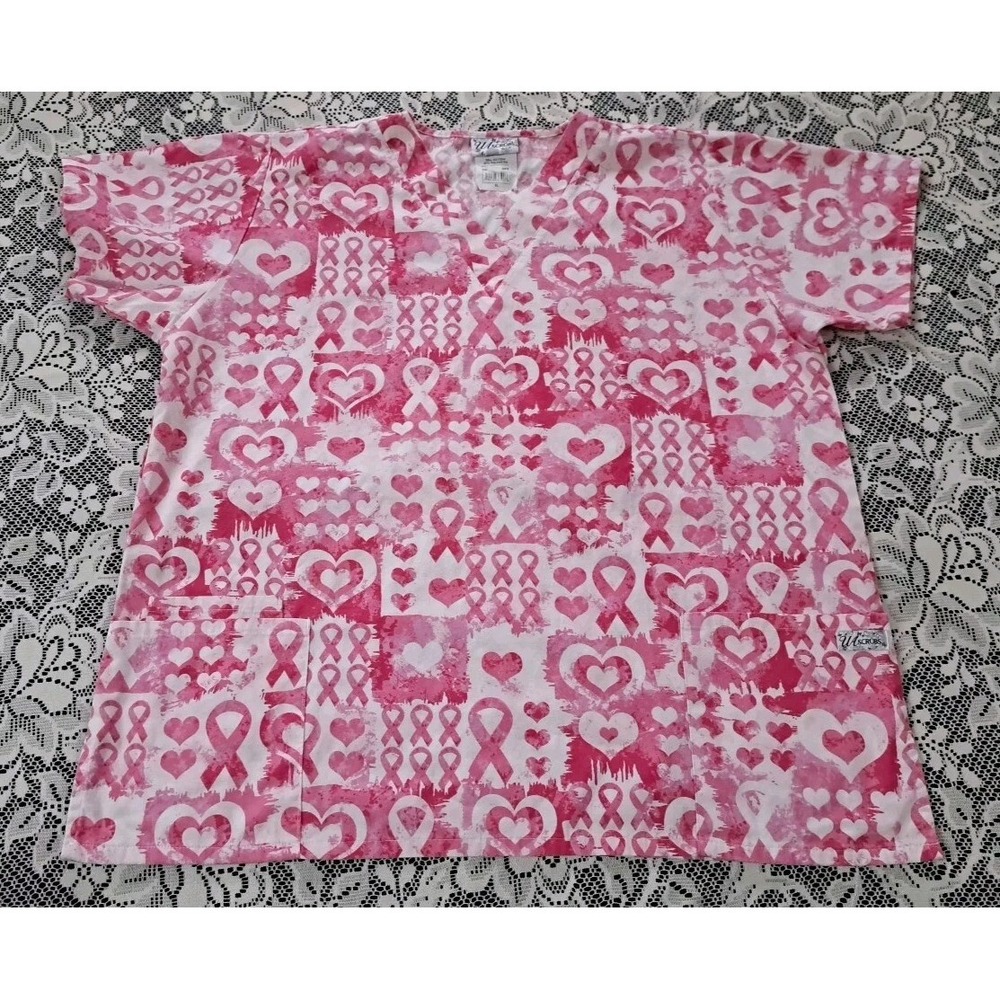 Scrub Top Size XL‎ Pink Breast Cancer Awareness UA Scrubs Polyester Blend